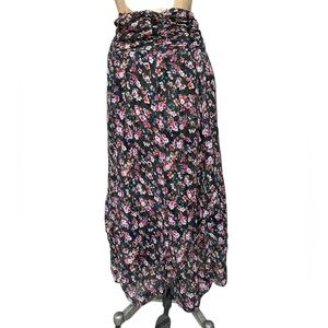 Sundance Silk Pink and Purple Floral With Black Background Ruched Maxi Skirt XS